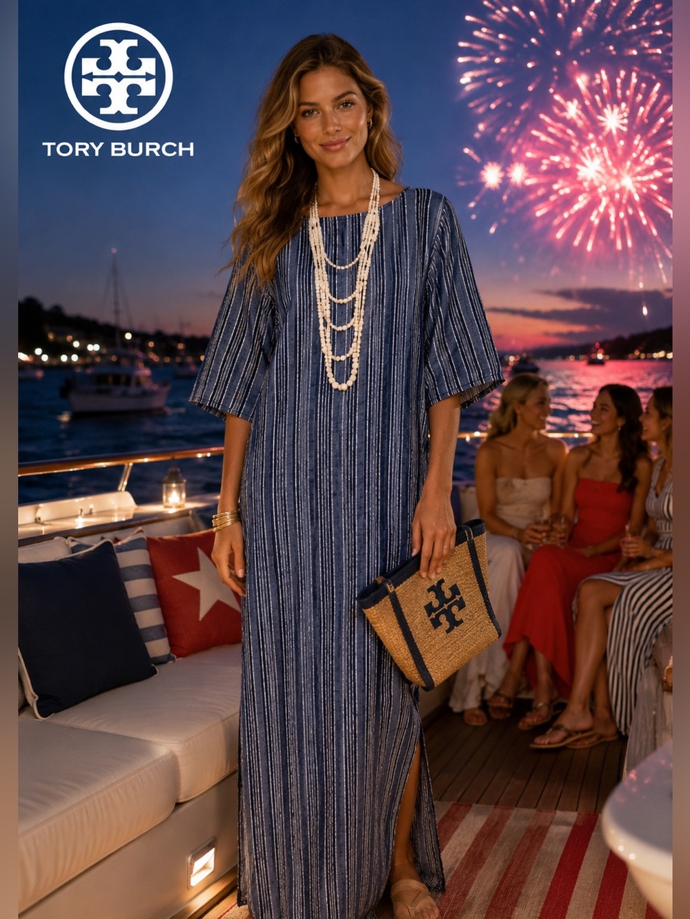 Tory Burch, Navy White Striped Cotton Kaftan Dress Resort Tunic Boho EUC Size L - Picture 7 of 11